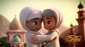 Adorable Disney Style Avatar of Muslim Kids Hugging and Wishing Each Other, Blurred Mosque for Eid Mubarak, Generative AI