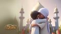 Adorable Disney Style Avatar of Muslim Kids Wishing Each Other on The Occasion of Eid Mubarak. Generative AI