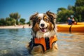 Adorable Dog on the Beach with Life Vest and Floatation Device. AI