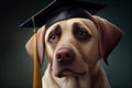 Adorable dog with black graduation cap