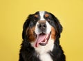 Adorable dog with bone shaped cookie on nose against yellow background Royalty Free Stock Photo