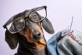 Adorable dog breed of dachshund, black and tan, in the glasses, darn jeans with red threads with a big needle. Funny ad for your b Royalty Free Stock Photo