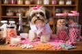 Adorable Dog Celebrating Valentines Day with Playful Pink Candy Treat and Heartwarming Charm Royalty Free Stock Photo