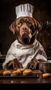 Adorable dog in a chef hat cooking delicious and nutritious meals for animals in the kitchen