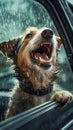 Adorable dog enjoying the ride while sticking its head out the window of a car, AI generated Royalty Free Stock Photo