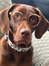 Adorable dog face looking sad and surprised. Brown short-haired dog with white collar wearing glasses. Generative AI