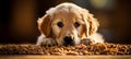 Adorable dog happily eating nutritious pet food from a bowl on a stylish round rattan carpet Royalty Free Stock Photo