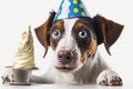 A Surprised Dog With a Party Hat on a Table With Ice Cream on a White Background - Generative AI