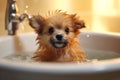 Adorable Dog\'s Bath Time Adventure. Heartwarming moment of a cute dog happily taking a bath. Ai generated