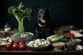 Adorable dog sitting by a colorful bowl filled with a variety of appetizing foods