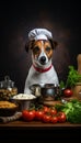 Adorable dog wearing a chef hat and cooking nutritious food in the kitchen for animals