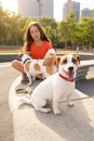 Adorable dogs with teen beautiful girl sitting outside enjoying summer sun. Royalty Free Stock Photo