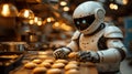 Adorable domestic robot helper bakes cookies in cozy kitchen Royalty Free Stock Photo