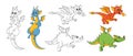 Adorable Dragons, Cartoon Characters With Colorful Scales And Monochrome Outline Personages With Playful Expressions