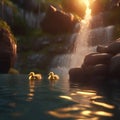 Cute ducklings swimming in a stream, by a waterfall, generated by AI. Royalty Free Stock Photo