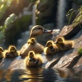 Cute ducklings swimming in a stream, by a waterfall, generated by AI. Royalty Free Stock Photo