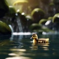 A Cute duckling swimming in a stream, by a waterfall, generated by AI. Royalty Free Stock Photo