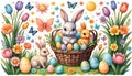 Adorable Easter Bunny with Decorated Eggs and Butterflies Royalty Free Stock Photo