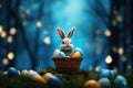 Adorable Easter Bunny with Decorative Egg in a Basket Amidst Spring Greens - Generative AI Royalty Free Stock Photo