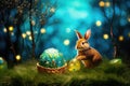 Adorable Easter Bunny with Decorative Egg in a Basket Amidst Spring Greens - Generative AI Royalty Free Stock Photo