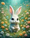 Adorable easter bunny with flowers digital art illustration