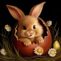 Adorable easter bunny in half-cracked egg shell on dark background, cute illustration Royalty Free Stock Photo