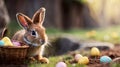 Adorable easter bunny looking at the camera and wicker basket with easter eggs in the middle of nature