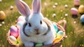 Adorable easter bunny rabbit with a basket full of colored easter eggs on a meadow on sunny day