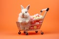 Adorable Easter bunny rabbit holding a shopping basket and colored eggs on peach fuzz background