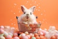 Adorable Easter bunny rabbit holding a shopping basket and colored eggs on peach fuzz background