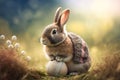 Adorable Easter bunny showcasing her favorite egg with a spring background. Room for text or copy space advertisement. Royalty Free Stock Photo