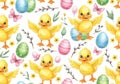 Adorable easter chicks and decorated eggs in a seamless pattern design for spring celebrations Royalty Free Stock Photo
