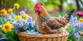 Adorable Easter Egger Chicken Perched on SpringThemed Basket Royalty Free Stock Photo