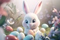 A cute cartoon baby Easter bunny surrounded by Easter eggs and spring flowers in pastel colors. Generative AI