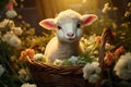 Adorable Easter lamb surrounded by flowers and