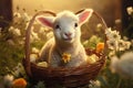 Adorable Easter lamb surrounded by flowers and