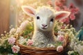 Adorable Easter lamb surrounded by flowers and