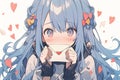 adorable embarrassed blushing anime girl with blue hair holding a love letter