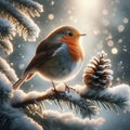 An Adorable European Robin Perched on a Snow Covered Tree Branch during a Winter Snowstorm AI Generated