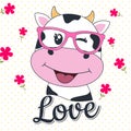 Adorable face cute cartoon cow in glasses