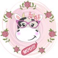 Adorable face cute cow in glasses and pink bow isolated on pink background with flowers.