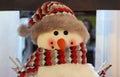 Adorable face of snowman dressed in colorful patterned scarf and hat, ready for cocoa