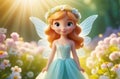 adorable fairy girl with wings and flora wreath on bright natural background, sun rays, flowers, blurred background