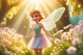 adorable fairy girl with wings and flora wreath on bright natural background, sun rays, flowers, blurred background