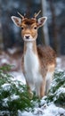 Adorable Fallow Deer Portrait in Winter Forest with Snowflakes Falling Royalty Free Stock Photo