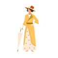 Adorable fashion woman standing in summer dress and hat vector flat illustration. Smiling lady holding umbrella Royalty Free Stock Photo