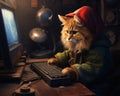 Adorable Feline Techie: A Grey Beanie-Wearing Kitten Takes Over