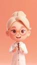 Adorable Female Scientist Cartoon Character with Glasses and White Lab Coat against Peach background