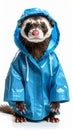 Adorable Ferret Wearing a Blue Raincoat Isolated on White Background in Studio Royalty Free Stock Photo