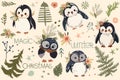 Adorable festive penguins. Joyful penguin character, smiling aquatic non flying bird. Banner with Arctic Baby penguin